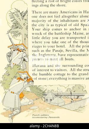 . Florida, die Golfküste und Kuba .. . DIE DIXIE FLJER[ NACH KUBANER Reise sollte von jedem genommen werden, der die Südküste der UnitedStates. Palastartige Dampfer fahren von New OR-leans, Port Tampa, St. Petersburg oder KnightsKey ab, und nach einer herrlichen Fahrt über den golf, betreten sie den Hafen von Havanna bei Sonnenaufgang.Dies ist ein Anblick, der lange in Erinnerung bleiben sollte. Fa-mous alten Moro Castle und Cabanas Fortressoccupy die felsige Erhebung auf der linken Seite, während jenseits funkeln das Wasser des Hafens, wieder zu flatternden ein Aufruhr von hellen Farben von den Buildings entlang der Küste. Es gibt viele Amerikaner in Havanna, so tha Stockfoto