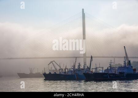 Verschiedene Handelsschiffe stehen auf der Straßenstead in der Golden Horn Bay in Wladiwostok bei starkem Nebel Stockfoto