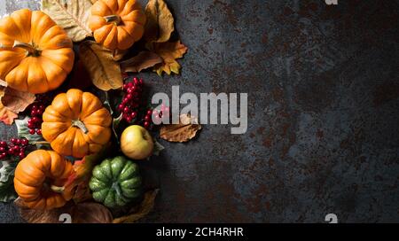 Herbsthintergrunddekor aus Kürbissen, Beeren, roten Äpfeln und Blättern auf dunklem Steinhintergrund. Flach liegend, Draufsicht mit Kopierfläche für Herbst, Herbst, T Stockfoto