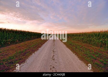 Maple Park, Illinois, USA. Ein Sonnenuntergang, der durch Wolken verstärkt wird, sorgt für einen farbenfrohen Abschluss eines Sommertages über einer Landstraße, die bis zum Horizont reicht. Stockfoto