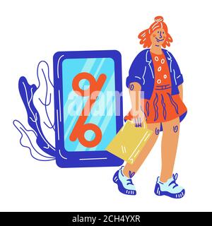 Online-Shopping und Web-Verkauf Werbekonzept - Frau mit Einkaufstaschen. Stock Vektor