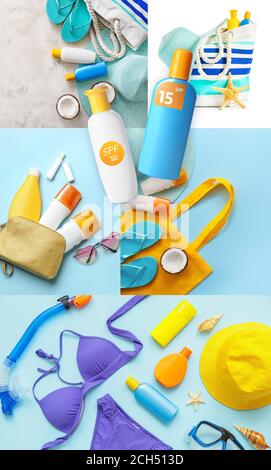 Collage von Fotos mit Strand-Accessoires und Sonnenschutzcreme Stockfoto