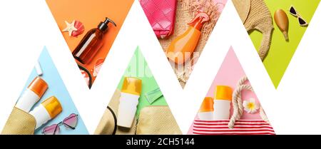 Collage von Fotos mit Strand-Accessoires und Sonnenschutzcreme Stockfoto