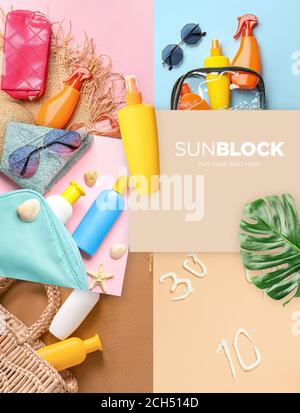 Collage von Fotos mit Strand-Accessoires und Sonnenschutzcreme Stockfoto