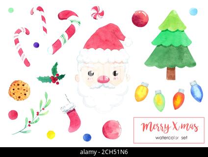 Niedliche Aquarell-Weihnachtsobjekte Set: Weihnachtsmann, Tannenbaum, Ball, süß, Socke, Stechpalme, Lichtersymbol. Weihnachten dekorative Elemente isoliert auf Stockfoto