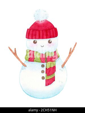 Ein niedlicher Schneemann. Cartoon-Charakter Aquarell Handmalerei für die Dekoration im Winter, Weihnachten und Neujahr-Festival-Werbung. Isoliert auf weißen BA Stockfoto