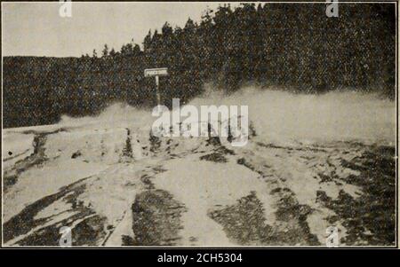 . Die Geschichte der Urlauber von ihrer Reise von Ost nach West und wieder nach Hause. The Grotto Geyser, Yellowstone Park. Die Punch Bowl [heiße Quelle], Yellowstone Park Ping- in einer von ihnen. Das heiße Wasser für den Einsatz in den Wylie Camps im Upper Basin wird in Rohren der großen Geysire in der Nähe gebracht. Der Fireside Kiver, der seinen Namen trägt, ist der Auslauf für die geysersund heißen Quellen dieses Beckens. Eine Geldstrafe von tausend Dollar und zwei Jahre Haft erwartet den Touristen, dessen Gier nach Souvenirs ihn dazu veranlasst, auch nur einen Stein oder das kleinste Stück der Geysirformationen zu entfernen, aber wilde Flöße pflücken Stockfoto