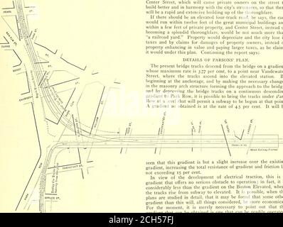 . Die Straßenbahnzeitung . eprice ist 900,000 Dollar. 12. Juli 1902.] STREET RAILWAY JOURNAL. 73 Parsons Lösung des Brooklyn Bridge Problems die Rapid Transit Commission erwägt einen Bericht des Chefingenieurs William Barclay Parsons, der für eine per-manente Entlastung von der Verkehrsstaus an der Brooklyn Bridge sorgt und zusätzliche Transportmöglichkeiten zwischen den zwei Stadtteilen bietet. Der Plan fordert einen Tunnel von der Brooklyn Bridgethrough Nassau Street to Maiden Lane, und einen Tunnel von MaidenLane nach Brooklyn für die ausschließliche Verwendung von Trolley-Autos, wenn sie auf der bri bleiben Stockfoto