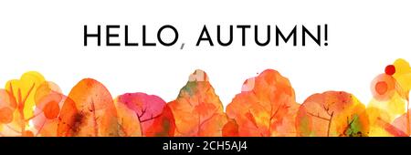 Hallo, Herbst-Panorama-Banner mit Aquarellbäumen auf weißem Hintergrund Stockfoto