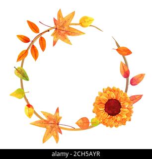 Aquarell-Herbstkranz auf weißem Hintergrund, mit Herbstblättern und Sonnenblume, mit einem Platz für Text, einer Designvorlage für eine Karte oder Hochzeitseinladung Stockfoto