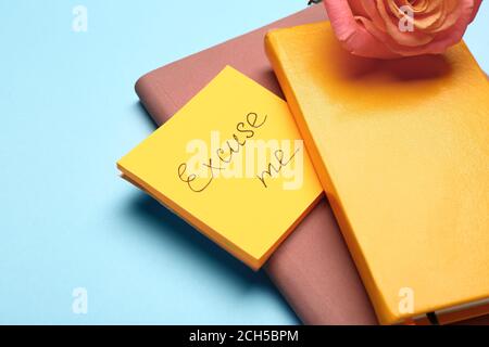 Notizbücher und Papiere mit Text ENTSCHULDIGUNG auf farbigem Hintergrund Stockfoto