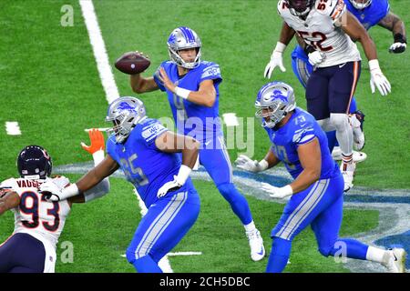 Detroit, USA. September 2020. DETROIT, MI - SEPTEMBER 13: Detroit Lions QB Matthew Stafford (9) in Aktion während des NFL-Spiels zwischen Chicago Bears und Detroit Lions am 13. September 2020 im Ford Field in Detroit, MI (Foto von Allan Dranberg/Cal Sport Media) Credit: CAL Sport Media/Alamy Live News Stockfoto