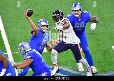 Detroit, USA. September 2020. DETROIT, MI - SEPTEMBER 13: Detroit Lions QB Matthew Stafford (9) in Aktion während des NFL-Spiels zwischen Chicago Bears und Detroit Lions am 13. September 2020 im Ford Field in Detroit, MI (Foto von Allan Dranberg/Cal Sport Media) Credit: CAL Sport Media/Alamy Live News Stockfoto