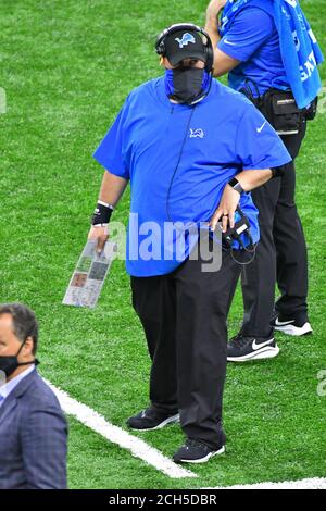 Detroit, USA. September 2020. DETROIT, MI - SEPTEMBER 13: Detroit Lions Cheftrainer Matt Patricia während NFL Spiel zwischen Chicago Bears und Detroit Lions am September 13, 2020 im Ford Field in Detroit, MI (Foto von Allan Dranberg/Cal Sport Media) Kredit: CAL Sport Media/Alamy Live News Stockfoto