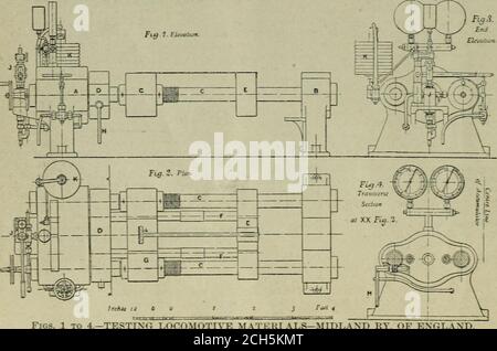 . Eisenbahnmeistermechaniker [Mikroform] . med zu den Blöcken G und E: Die Kompression und Biegung 1 Ars ist zwischen D und G angeordnet, damit die Stangen gut fixiert werden können. D und E werden mit einem Handhebel H, der an einer Zahnstange und einem Ritzel befestigt ist, longi-tudinal gleiten lassen, wie in Abb. 4; und dieser Hebel wird auch verwendet, um den Stößel nach jedem Test zurück zu Formen. Die Maschine wird mit Hilfe eines Satzes von bandangetriebenen drei-Wurfpumpen, 0,5G5 in. Durchmesser und 2in. Hub, die das Öl durch einen Akkumulator zu zwingen, und werden aus dem Getriebe automatisch vor dem Test geworfen. Aus dem Akkumulator eine ste Stockfoto