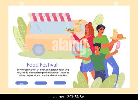 Straßenessen Festival Banner mit LKW und Menschen. Stock Vektor