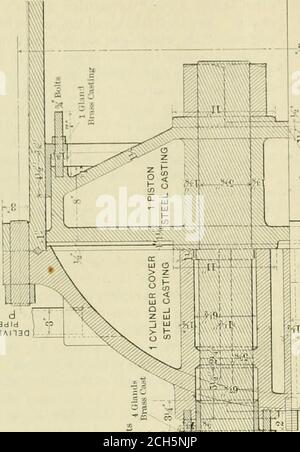 . Die Eisenbahn- und Ingenieurzeitschrift . der an den Trägern befestigte Schwanzblock in konvaliden Intervallen und zwei Verbindungsblöcke, um die größten Stücke zu empfangen, die jeweils am Kolben des Zyl-inders und am Schwanzblock befestigt sind. Sie werden nach finishedwheels getragen und laufen nach einem genau ausgekleideten und finishedtrack, der nach den unteren Flanschen der Träger ruht. Die Belastung des Prüfstücks entspricht dem hydraulischen Druck auf den Kolben, der durch eine Shaw-Quecksilbersäule und einen Federanzeiger, wobei die Mitte des Zylinders bezeichnet wird, vermessen wird. Die Dehnung Stockfoto