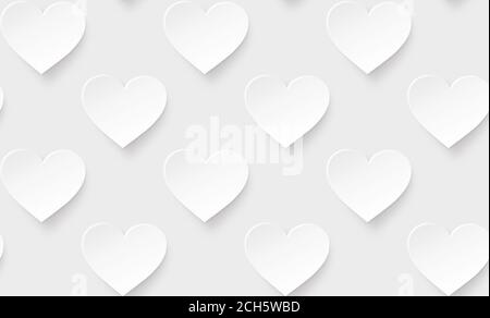 Viele weiße Herzen auf hellgrauem Hintergrund. Symbol der Liebe und Valentinstag. Moderner und trendiger konzeptueller abstrakter Hintergrund, nahtloses Muster. Stockfoto