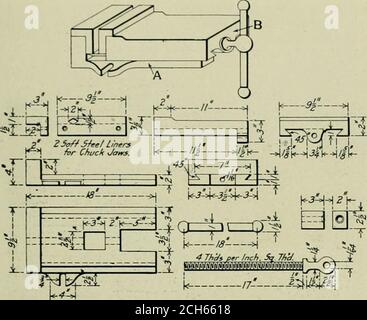 . Amerikanischer Ingenieur . h wird durch eine 1-Zoll-Mutter angezogen. PRESSFUTTER BOHREN. Ein praktisches Spannfutter für eine Bohrmaschine, insbesondere bei Bewegungsaufgaben, ist in Abb. 10. Es besteht aus der Basis A, mit angekohltem Kiefer, und dem Gleitstück B mit beweglichem Kiefer, das durch eine Bleischraube betätigt wird. Eine Bohrmaschine mit einem der Bohrer wird leicht so Prozent, mehr Arbeit als mit den üblichen Spannmethoden produzieren, da keine Zeit verloren geht, wenn der operator nach Schrauben, Klemmen oder Blöcken sucht. Es gibt sehr wenige Triv, 1913. EISENBAHNZEITBLATT, MECHANISCHE AUSGABE. 375 Aufträge innerhalb der Kapazität der Maschine, die Stockfoto