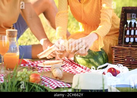 Glückliches junges Paar auf Picknick im Park Stockfoto
