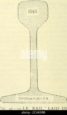. Amerikanischer Ingenieur und Eisenbahnjournal . V-ed, dass er endlich gelöst hatte das Problem der Gleiskonstruktion, da diese Schiene gab eine bewundernswerte Gelegenheit für eine starke gemeinsame. Durch experi-ence wurde es gefunden, daß dieses Railwas zu steif war, und produzierte souch Gehirnerschütterung durch den Zug, daß travel Enden bald hammeredout, und wo das Ballast-ing unvollkommenes großes Damm-Alter zum Rolling Vorrat verursacht wurde; So wurde die Bahn bald wieder aufgenommen.ein Großteil dieser alten Eisenbahn fand ihren Weg in die Städte, wo sie von Architekten und Traktoren für Bauzwecke gekauft wurde.unter anderem viele von ihnen Stockfoto