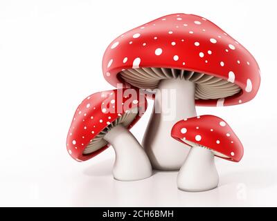 Rote und weiße Wildpilze isoliert auf weißem Hintergrund. 3D-Illustration. Stockfoto