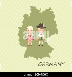 Deutschland Kartendruck mit Menschen in Nationalkostümen. Leinwandposter für Wanddekor. Vektorgrafik Stockfoto