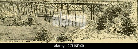 . Die Straßenbahn Überprüfung . >J i J L wm k:-^-*^^^*^r ^.i=-.^s-- ->^-:^. VIADUKT VORBEI. DIE MENOMINEE VALLKY, Structure Complete kostete 77,666 US-Dollar. Die Unterkonstruktion alonecost 6,616 Dollar und verwendet 3,914 Kubikfuß Schutt Stein, 358 Kubikmeter Schotter, 3,907 Kubikfuß von Steinuhren und 125 Quadratfuß von Bewältigung. Das Gebäude hat nur drei Monate in Anspruch genommen, was ein schönes Kompliment an Keepers & Wynkoop ist. Das Viadukt ist doppelt getrackt und dreizehn Fuß von der Mitte zu beiden Seiten, so dass für Waggonpassage und Fußgänger. Die sichere Belastung einer Spannweite von} beträgt 128 Tonnen.die Longe Stockfoto