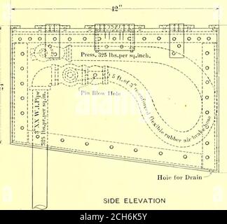 . Die Straßenbahn Zeitschrift . SIDE ELEVATION END Street Ry.Journal IIG. i. – DETAILS DER SPEZIELLEN STREET BOX ZU USEDALONGSIDE VON GLEISEN IN DER STRASSE ZU RECEIVEAND SCHÜTZEN LUFTZUFUHR SCHLAUCHSTÄRKE von 60,000 lbs. Pro Quadratzoll. Wie leicht abgefuhrt liegen kann, wird dies einen großen Spielraum für Sicherheit bieten; die Arbeitstress aufgrund von Längsspannung wurde durch die Formel gefunden,Radius X Druck pro Quadratzoll - 7200 lbs. Pro Quadratdicke LUFTKOMPRESSOREN, DIE IN DEN VERDICHTERANLAGEN Quadratzoll verwendet werden, die kombinierte Wirkung dieser beiden Belastungen, die sich auf 10,800 lbs. Daraus ergibt es Stockfoto