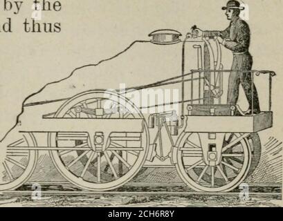 . Überarbeitete und erweiterte Aufl. der Wissenschaft der Eisenbahn . Verstopfung der Brakeshoe oder durch Anbauen des Apparates selbst.Neben dieser fatalen Konstruktion ist Dampf auch für den Einsatz auf Motoren verwerflich, da der Blick des Ingenieurs beim Entweichen der Abgase verdunkelt wird. Die Vakuumbremse ist in gewisser Weise ein Wettbewerber der Druckluftbremse, die auf Else- bezogen wird. Stephensons Lokomotive Dampfbremse für Fahrräder, 1833. Stockfoto