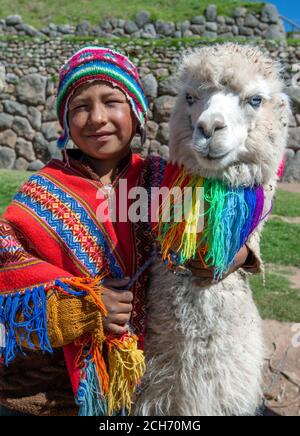 Ein Junge, der in einem bunten traditionellen peruanischen Poncho gekleidet ist und einen chullo auf dem Kopf trägt, steht mit einem Lama am Straßenrand in Cusco in Peru. Stockfoto