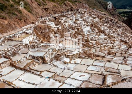 Die Maras Salzverdunstung Teiche im Heiligen Tal der Inkas in Peru. Die Teiche sind seit den Tagen der Inkas in Gebrauch. Stockfoto