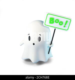 3D Rendering Illustration von niedlichen freundlichen Geist mit einer Inschrift auf dem Boo-Zeichen auf weißem Hintergrund. Frohe Halloween Stockfoto