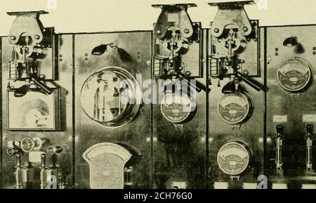 . Die Straßenbahnüberprüfung . hat eine allmähliche Entwicklung durchgemacht. Der StraßenbahnenKraftwerksingenieur hat sich für das Panelboard entschieden, das in Wirklichkeit eine Reihe von unabhängigen Boards ist, die alle notwendigen Apparate enthalten, um einen Generator oder einen Zubringer zu steuern, wie es der Fall sein mag. Die dazugehörige Gravur zeigt die neuesten Entwürfe der Ingenieure der General Electric Company im Weg zwischen Generatorleitung und Boden, und der kleine Luftspalt ist ein viel schwächerer di-elektrisch als die Isolation im Gelände und Anker. Der Magnet wird zwischen Generator und Leitung und dem angeschlossen Stockfoto