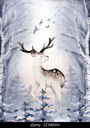 Aquarell Winter Wald Tiere Hirsch mit Fawn, o Wild Wald Tiere Karte. Handbemalte Winterillustration Stockfoto