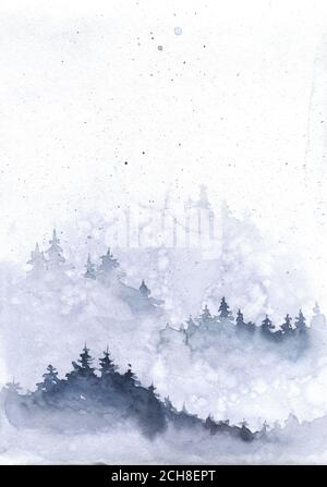 Aquarell Winterlandschaft mit Tannenwald die Berge. Weihnachten und Neujahr Design. Schnee und Baum Hochzeit und Einladungskarte. Urlaubsstimmung Stockfoto