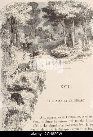 . L'été à Bade . Villa Biinazet. LA CHASSE ET LE DÉPART. Aux approches de lautomne, la chasevient ranimer la Saison qui touche à sondéclin. Le Signal sest fait entendre; le corretenti dans les forêts] qui couvrent ce beaupayHTussitôt de toutes parts accourent les veneurs. On auraune idée de ces fêtes forestières en lisant quelques fragmentsdune lettre écrite lannée dernière par le Prince Russe Alexis D... Avant de suivre la Chasse, disons, – en passant, – que lesRusses jouent un Grand rôle dans lété de Bade. Les représen-tants de lempire moscovite sont toujours nombreux au congrès LÉTÉ A B Stockfoto