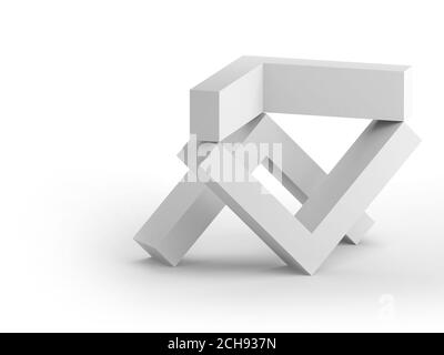 Abstract White Equilibrium Stillleben Installation mit drei Ecken stehen auf weißem Hintergrund. 3d-Rendering-Illustration Stockfoto