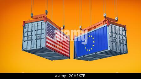 Versandcontainer mit Flaggen der USA und der Europäischen Union. 3D-Rendering Stockfoto