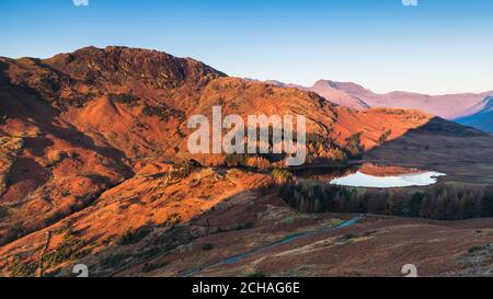 Kalter Wintersonnenaufgang hoch oben auf der Bergseite mit Blick ins Tal zur Spiegelreflexion auf Blea Tarn in Little Langdale. Stockfoto