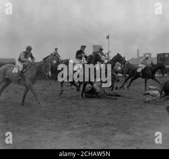 Am ersten Zaun im Grand National bei Aintree wird ein gefallenes Pferd vorbeigeritten. Noch im Rennen sind Early Mist (2), Bryan Marshall Up, Clearing (21), Rex Hamey Up und Red Rube (19), Alan Oughton Up. Stockfoto