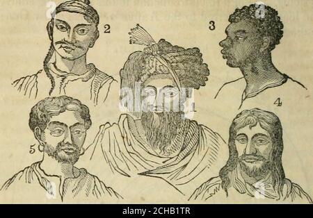 . Eine Einführung in die Geographie, alte moderne, und heilig, mit einem Umriss der alten Geschichte. 92 VERSCHIEDENE MENSCHENRASSEN.. 1. Kaukasisch oder europäisch. 2. Mongolisch oder asiatisch. 3. Etliiopianor African. 4. Indianer oder Indianer. 5. Malaiisch. Adam und Eva waren, wie uns die Schrift sagt, die ersten Eltern der Menschheit. Alle Bewohner der Erde sind daher ursprünglich von der gleichen Rasse oder Abstammung. Es ist zutreffend, daß die bewohnenden von einigen Ländern weit von denen von anderen in Farbe, Eigenschaften, Gewohnheiten und allgemeinem Aussehen unterscheiden; aber diese Unterschiede und Eigenheiten sind Tlie ef Stockfoto