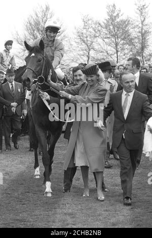 Die Ehefrau des Besitzers Susan Sangster führt den 15-8 Gewinner des General Accident 2,000 Guineas Stakes in Newmarket, El Gran Senor, trainiert von Vincent O'Brien und geritten von Pat Eddery. Stockfoto