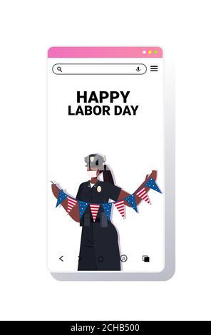 Polizistin in Uniform hält USA Flagge Labor Day Feier Konzept Polizist trägt Maske, um Coronavirus Pandemie Smartphone-Bildschirm zu verhindern Vertikale Vektordarstellung im Hochformat Stock Vektor
