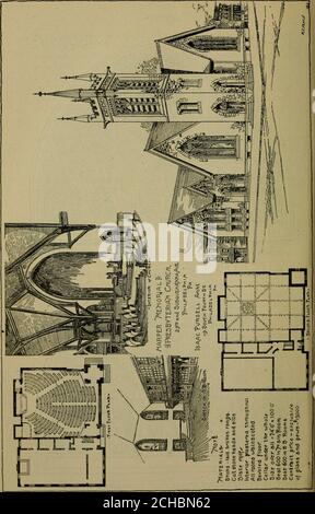 . Jahresberichte der Vorstände an die Generalversammlung . DESIGNS. 81 Auslegung Nr. 3. HARPER MEMORIAL CHURCH, 39th Street und Susquehanna Avenue, Philadelphia, Pa. Die Harper Memorial Church ist aus Stein aus Avondale, Pa., einem hellgrauen Stein, getrimmt mit Indiana Kalkstein gebaut. Der Audienzraum ist 56 x 68 Fuß, wird durch drei Türen, zwei vom Turm und eine durch Mitte Vestibül betreten. Der Boden ist eingehaucht, Pitching 18 Zoll in 24 Fuß, das Gleichgewicht ist auf der Kanzel. Es gibt einen Seiteneingang zur Kanzel, von dem aus auch der Zugang zu Zuschauerraum hatte. Die Orgelkammer befindet sich auf dem ri Stockfoto