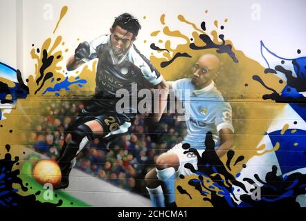 Eine allgemeine Ansicht von Leicester City Kunstwerk an der Wand, im Boden vor der Premier League Match für die King Power Stadion, Leicester. Stockfoto