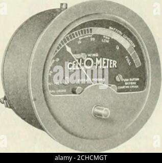 . Automotive industries . for one extra connectionfrom the Cell-O-Meter to ground. The Cell-O-Meter embodies two distinct instrumentsand has a two-part dial. On the left side is the ordinaryammeter scale, showing both charging and dischargingcurrent. The right-hand half of the scale, marked Bat-tery Condition, is divided into three sections; the redsection denotes that the battery is nearly discharged andshould not be used; the yellow section denotes that thebattery is about half charged and is safe to run with, while the green section shows that the battery is fullycharged. Ordinarily the ins Stockfoto