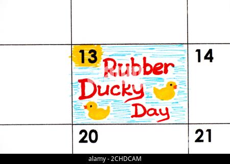 Erinnerung Rubber Ducky Day im Kalender. Januar 13. Stockfoto