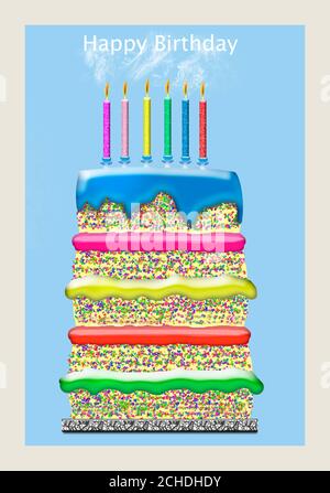 Geburtstag Kuchen Karte Design digitale Kunst Illustration hoch vielschichtig Kuchen mit 4 Marmeladenschichten in grün orange gelb und Rot-blaue Vereisung 6 Kerzen rauchen Stockfoto