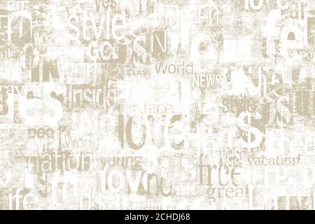 Abstrakte Grunge städtischen geometrischen chaotischen Muster mit Worten, Buchstaben. Alt gealterte Zeitung, Magazin Texture Papier Hintergrund. Hellbeige farbenfrohe Helligkeit Stockfoto
